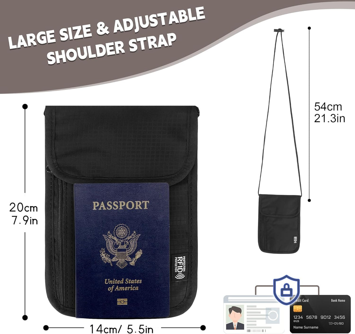 Likesing 5.5" L x 7.9" W Travel Neck Wallet, RFID Passport Holder (Grey) | RFID Blocking Passport Holder for Travel, Security Lightweight Passport Travel Wallet, Neck Pouch Gifts for Women Men