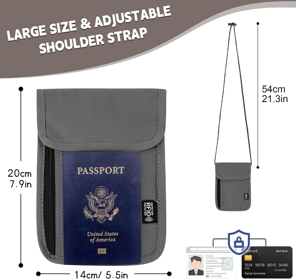 Likesing 5.5" L x 7.9" W Travel Neck Wallet, RFID Passport Holder (Grey) | RFID Blocking Passport Holder for Travel, Security Lightweight Passport Travel Wallet, Neck Pouch Gifts for Women Men