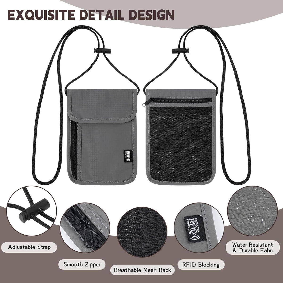 Likesing 5.5" L x 7.9" W Travel Neck Wallet, RFID Passport Holder (Grey) | RFID Blocking Passport Holder for Travel, Security Lightweight Passport Travel Wallet, Neck Pouch Gifts for Women Men