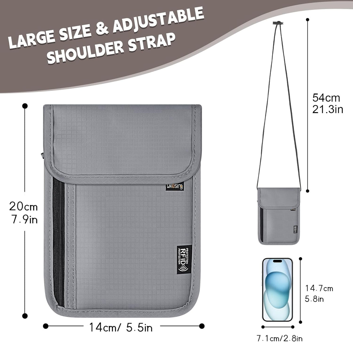 Likesing 5.5" L x 7.9" W Travel Neck Wallet, RFID Passport Holder (Grey) | RFID Blocking Passport Holder for Travel, Security Lightweight Passport Travel Wallet, Neck Pouch Gifts for Women Men