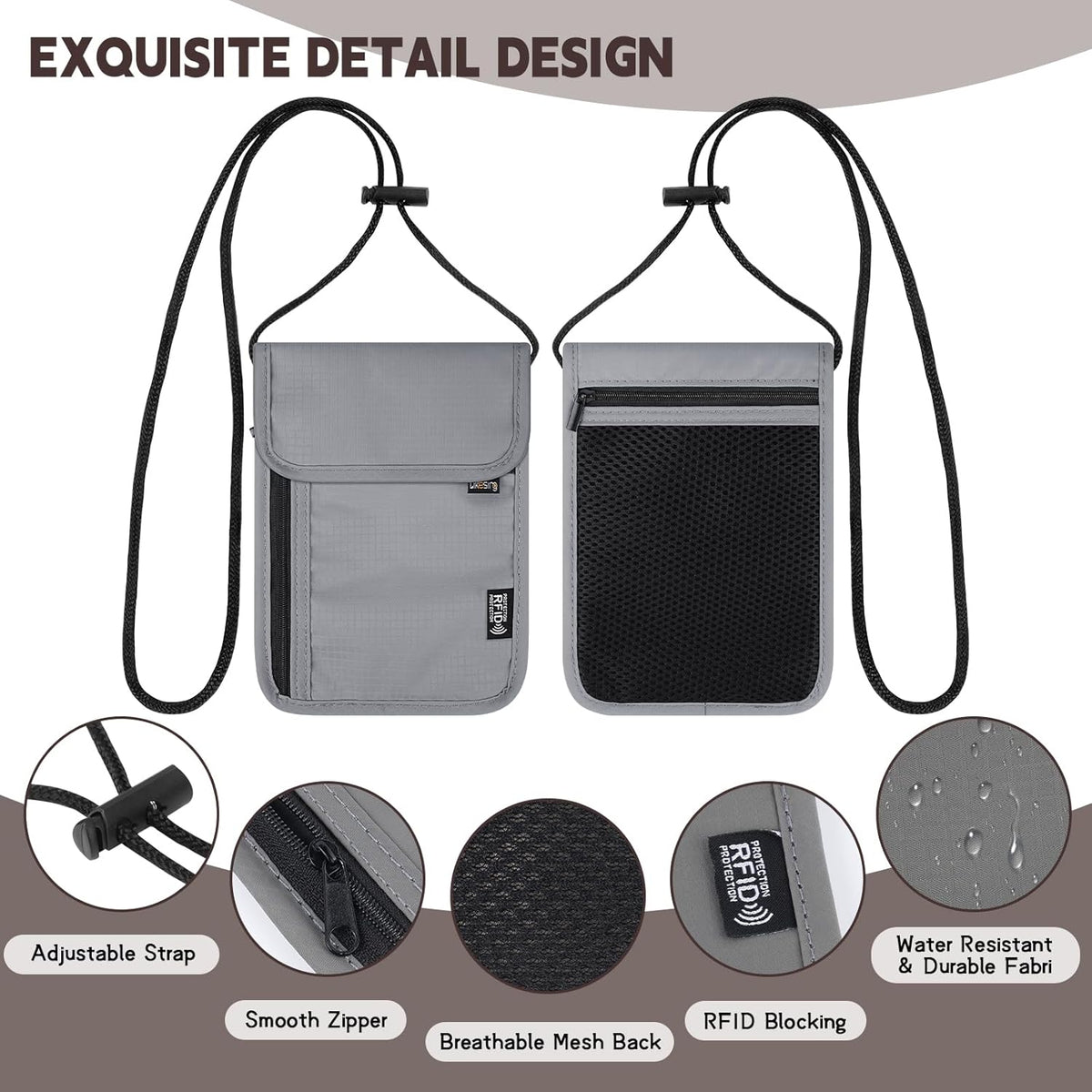 Likesing 5.5" L x 7.9" W Travel Neck Wallet, RFID Passport Holder (Grey) | RFID Blocking Passport Holder for Travel, Security Lightweight Passport Travel Wallet, Neck Pouch Gifts for Women Men