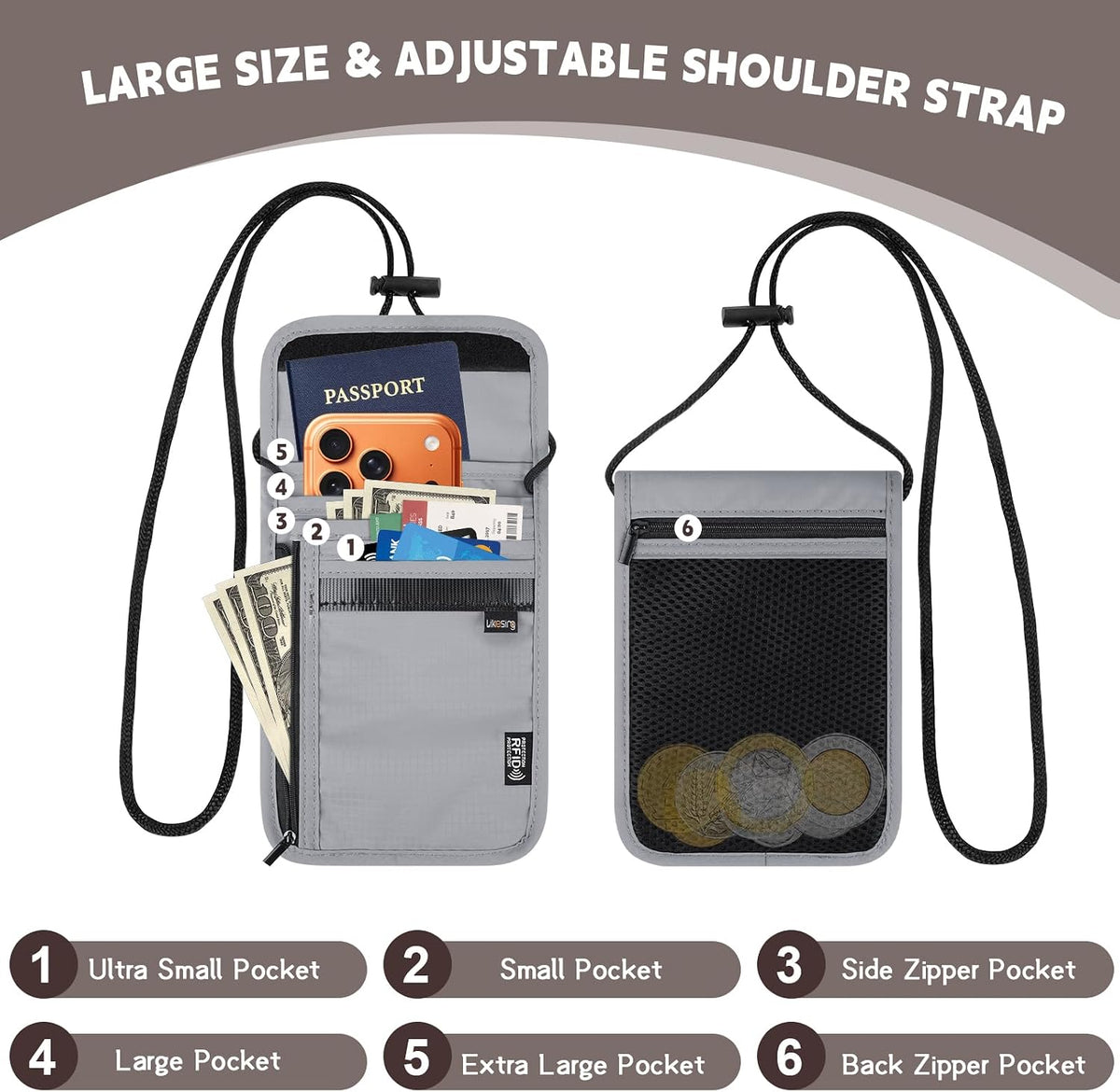 Likesing 5.5" L x 7.9" W Travel Neck Wallet, RFID Passport Holder (Grey) | RFID Blocking Passport Holder for Travel, Security Lightweight Passport Travel Wallet, Neck Pouch Gifts for Women Men