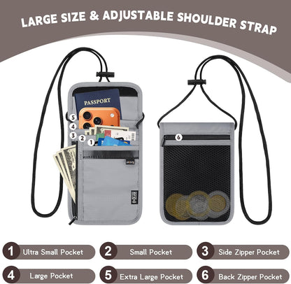 Likesing 5.5" L x 7.9" W Travel Neck Wallet, RFID Passport Holder (Grey) | RFID Blocking Passport Holder for Travel, Security Lightweight Passport Travel Wallet, Neck Pouch Gifts for Women Men
