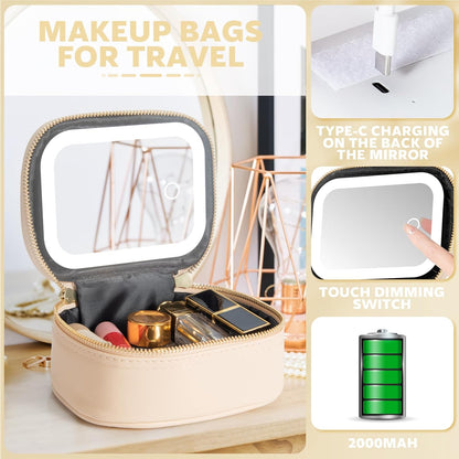 Mini Makeup Bag with Led Mirror, Small Travel Make up Bag 3 Light Modes Adjustable Brightness, for Women Organizer Cosmetic Bag, Portable Travel Train Toiletry Bag, for Pool Parties Work Touch-Ups