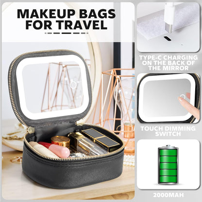 Mini Makeup Bag with Led Mirror, Small Travel Make up Bag 3 Light Modes Adjustable Brightness, for Women Organizer Cosmetic Bag, Portable Travel Train Toiletry Bag, for Pool Parties Work Touch-Ups