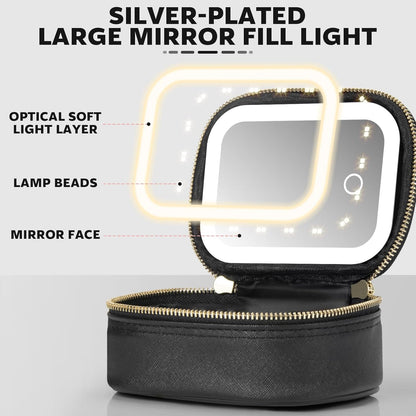 Mini Makeup Bag with Led Mirror, Small Travel Make up Bag 3 Light Modes Adjustable Brightness, for Women Organizer Cosmetic Bag, Portable Travel Train Toiletry Bag, for Pool Parties Work Touch-Ups