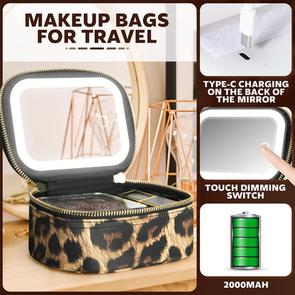 Mini Makeup Bag with Led Mirror, Small Travel Make up Bag 3 Light Modes Adjustable Brightness, for Women Organizer Cosmetic Bag, Portable Travel Train Toiletry Bag, for Pool Parties Work Touch-Ups