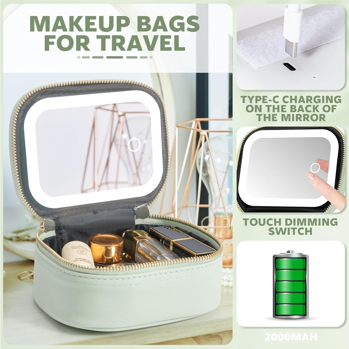 Mini Makeup Bag with Led Mirror, Small Travel Make up Bag 3 Light Modes Adjustable Brightness, for Women Organizer Cosmetic Bag, Portable Travel Train Toiletry Bag, for Pool Parties Work Touch-Ups