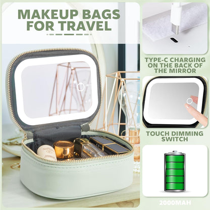 Mini Makeup Bag with Led Mirror, Small Travel Make up Bag 3 Light Modes Adjustable Brightness, for Women Organizer Cosmetic Bag, Portable Travel Train Toiletry Bag, for Pool Parties Work Touch-Ups