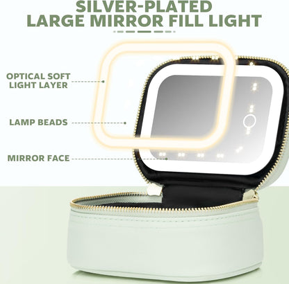 Mini Makeup Bag with Led Mirror, Small Travel Make up Bag 3 Light Modes Adjustable Brightness, for Women Organizer Cosmetic Bag, Portable Travel Train Toiletry Bag, for Pool Parties Work Touch-Ups