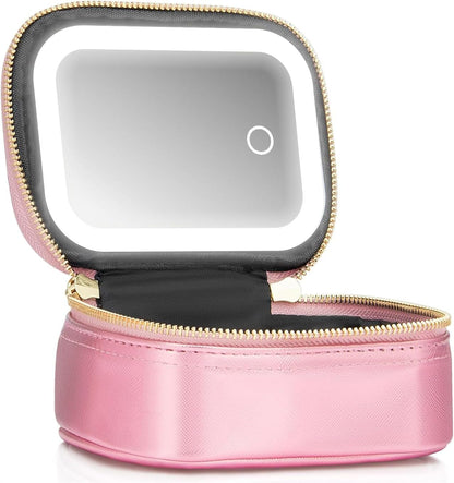Mini Makeup Bag with Led Mirror, Small Travel Make up Bag 3 Light Modes Adjustable Brightness, for Women Organizer Cosmetic Bag, Portable Travel Train Toiletry Bag, for Pool Parties Work Touch-Ups