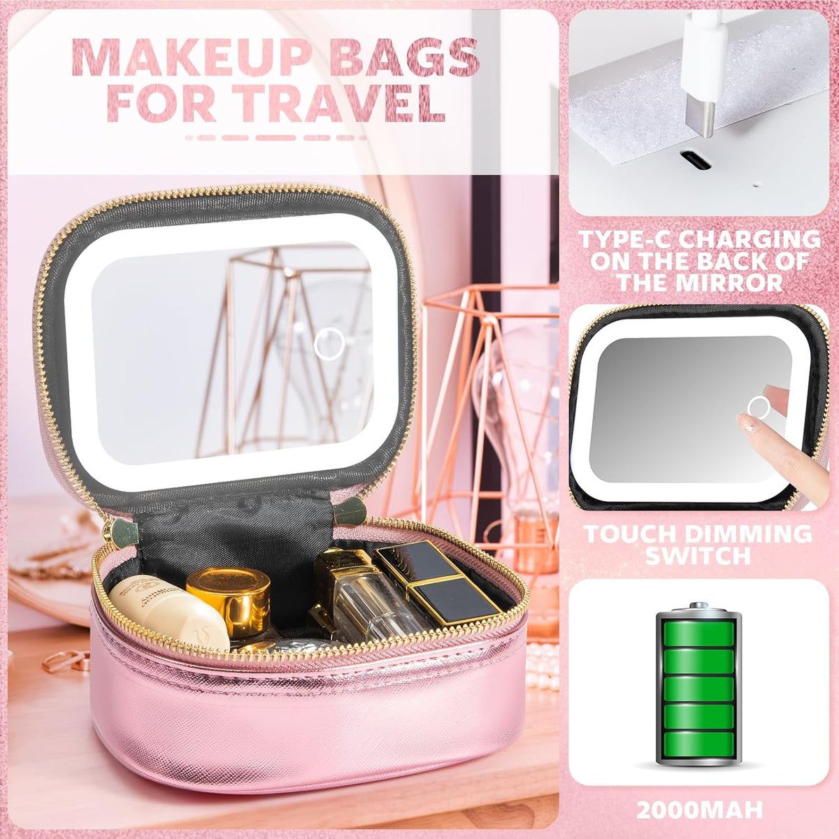 Mini Makeup Bag with Led Mirror, Small Travel Make up Bag 3 Light Modes Adjustable Brightness, for Women Organizer Cosmetic Bag, Portable Travel Train Toiletry Bag, for Pool Parties Work Touch-Ups