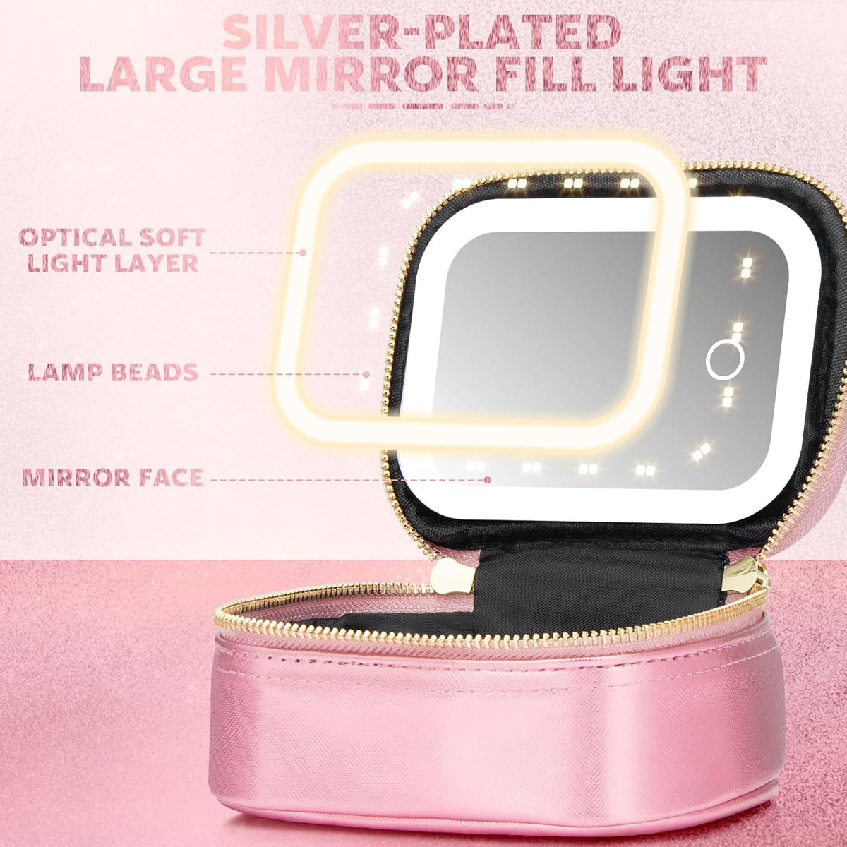 Mini Makeup Bag with Led Mirror, Small Travel Make up Bag 3 Light Modes Adjustable Brightness, for Women Organizer Cosmetic Bag, Portable Travel Train Toiletry Bag, for Pool Parties Work Touch-Ups