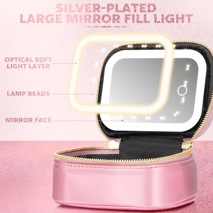Mini Makeup Bag with Led Mirror, Small Travel Make up Bag 3 Light Modes Adjustable Brightness, for Women Organizer Cosmetic Bag, Portable Travel Train Toiletry Bag, for Pool Parties Work Touch-Ups
