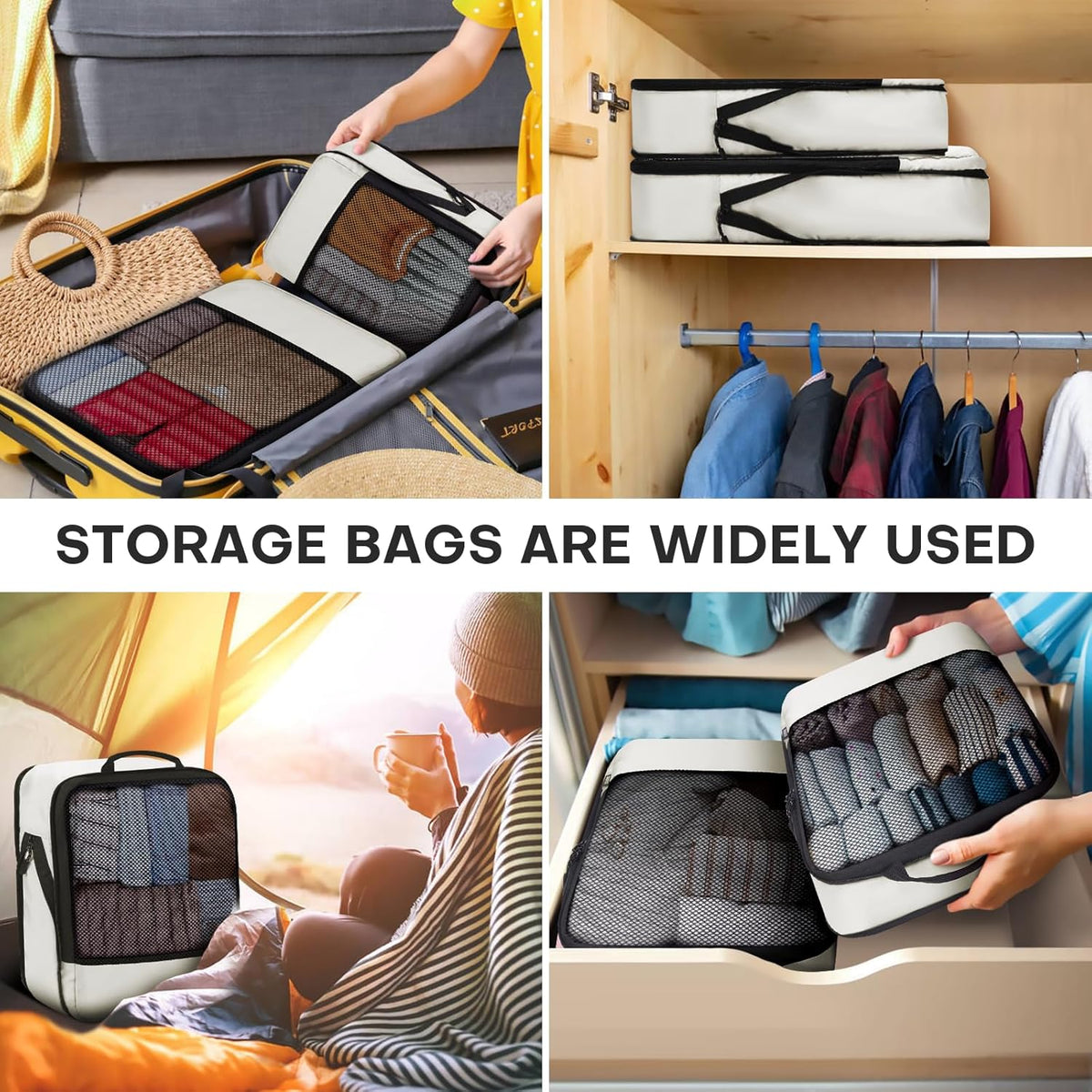 4 PCS Set Compression Packing Cubes for Travel, Lightweight Packaging Organizer Bags for Carry On Space Saving, Travel Essentials Cubes for Suitcase Backpack, Beige