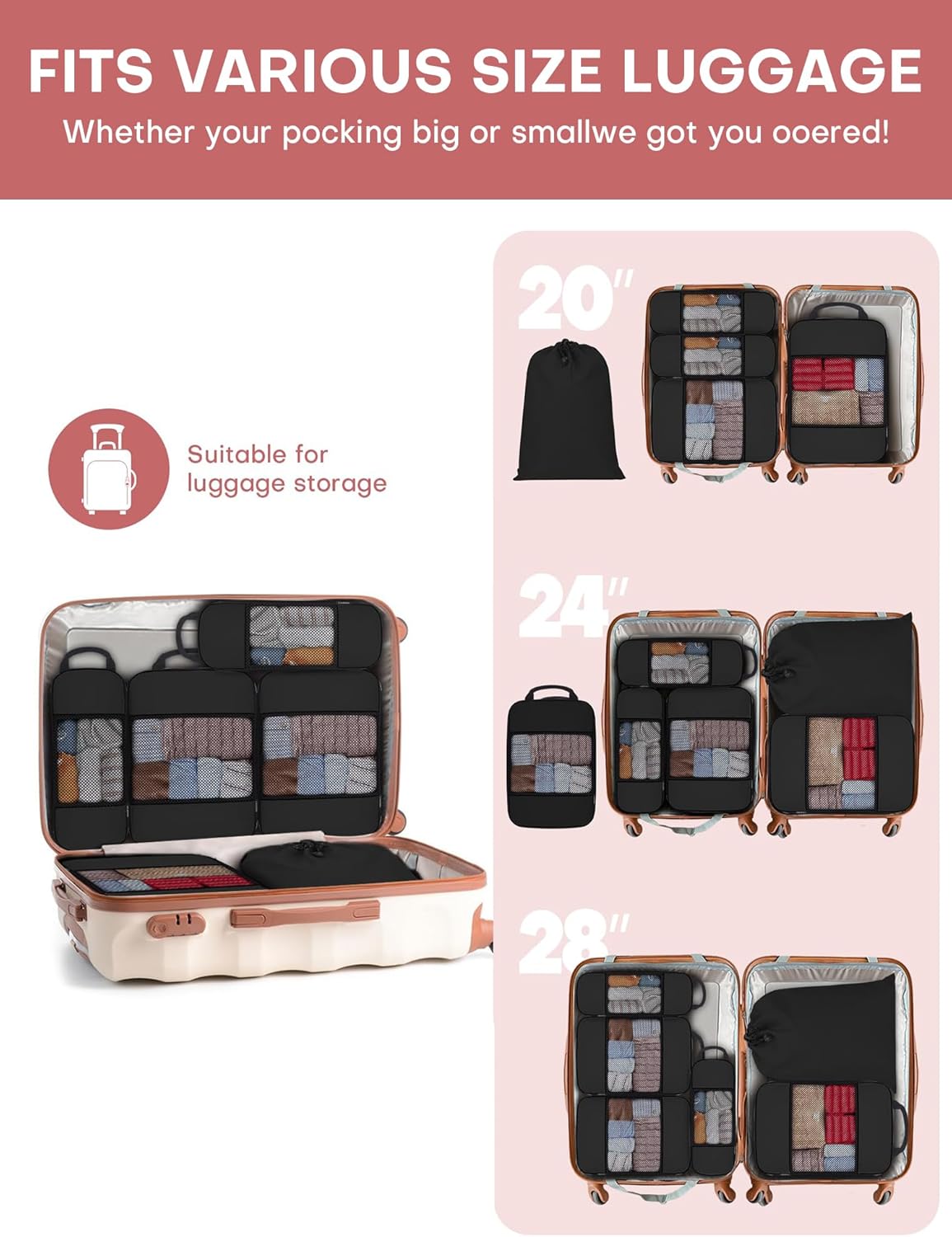 4 PCS Set Compression Packing Cubes for Travel, Lightweight Packaging Organizer Bags for Carry On Space Saving, Travel Essentials Cubes for Suitcase Backpack, Beige