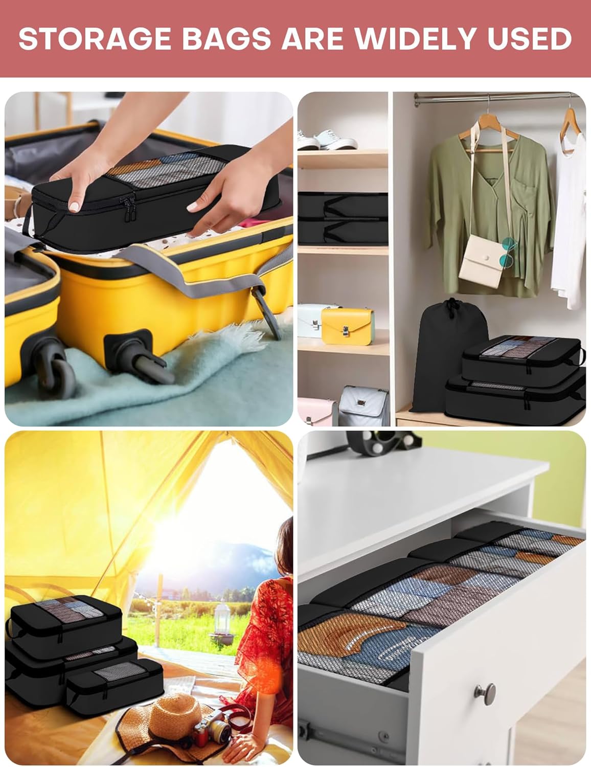 4 PCS Set Compression Packing Cubes for Travel, Lightweight Packaging Organizer Bags for Carry On Space Saving, Travel Essentials Cubes for Suitcase Backpack, Beige