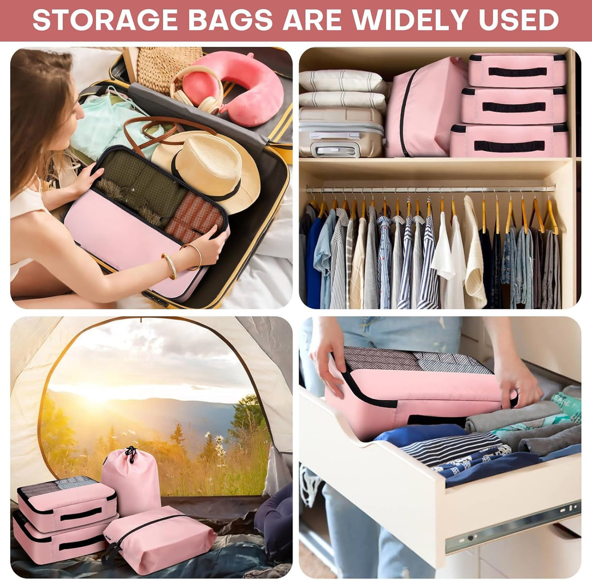 4 PCS Set Compression Packing Cubes for Travel, Lightweight Packaging Organizer Bags for Carry On Space Saving, Travel Essentials Cubes for Suitcase Backpack, Beige
