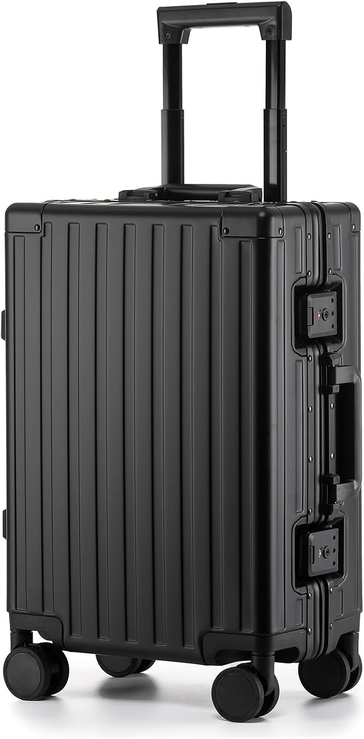 20 Inch Premium All Aluminum Carry On Luggage 22x14x9 Airline Approved Zipperless Hard Shell Suitcase with TSA Lock Silent Spinner Wheels for Business Travel,Black