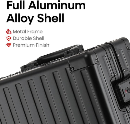 20 Inch Premium All Aluminum Carry On Luggage 22x14x9 Airline Approved Zipperless Hard Shell Suitcase with TSA Lock Silent Spinner Wheels for Business Travel,Black