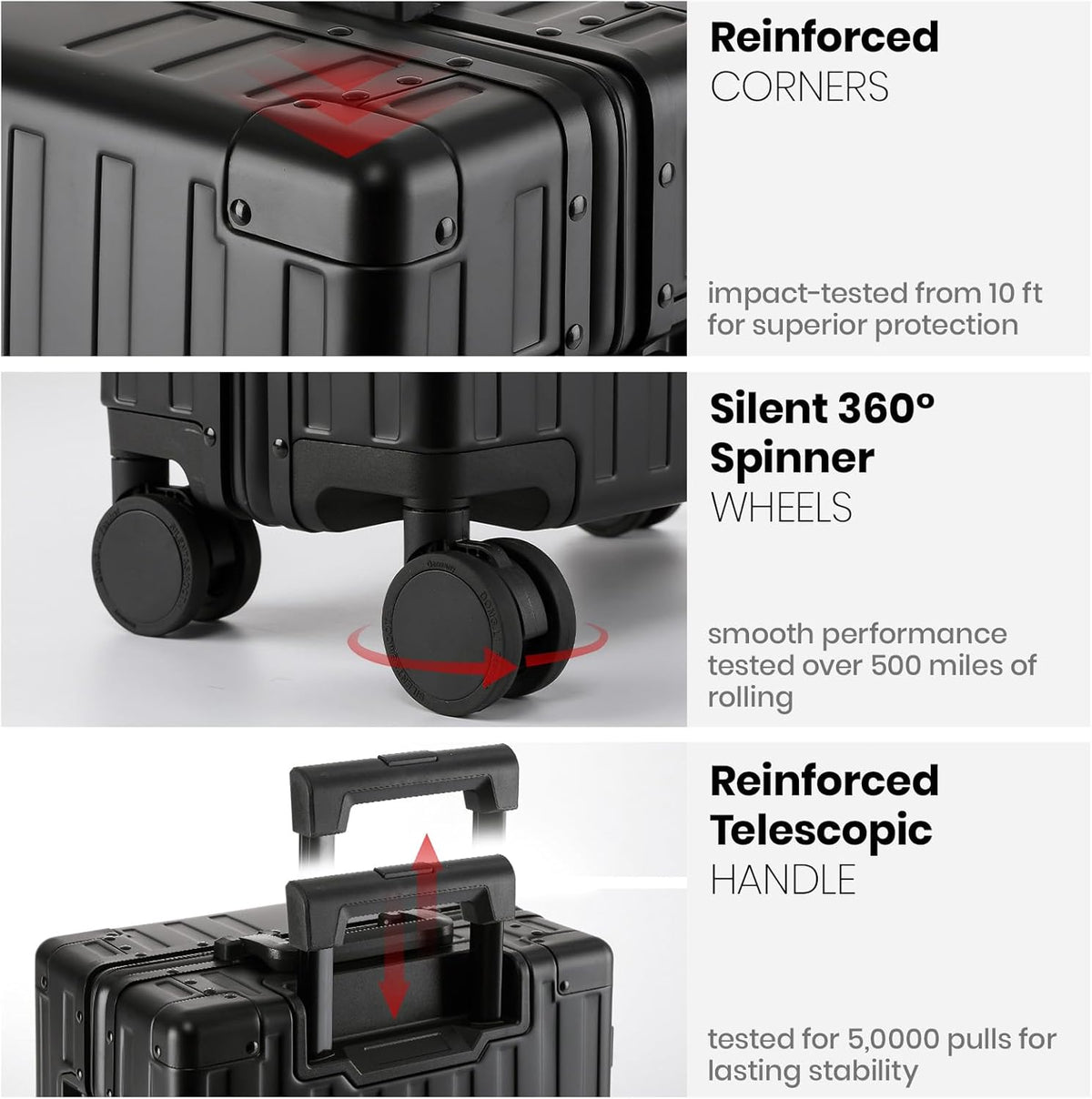 20 Inch Premium All Aluminum Carry On Luggage 22x14x9 Airline Approved Zipperless Hard Shell Suitcase with TSA Lock Silent Spinner Wheels for Business Travel,Black
