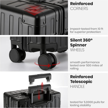 20 Inch Premium All Aluminum Carry On Luggage 22x14x9 Airline Approved Zipperless Hard Shell Suitcase with TSA Lock Silent Spinner Wheels for Business Travel,Black