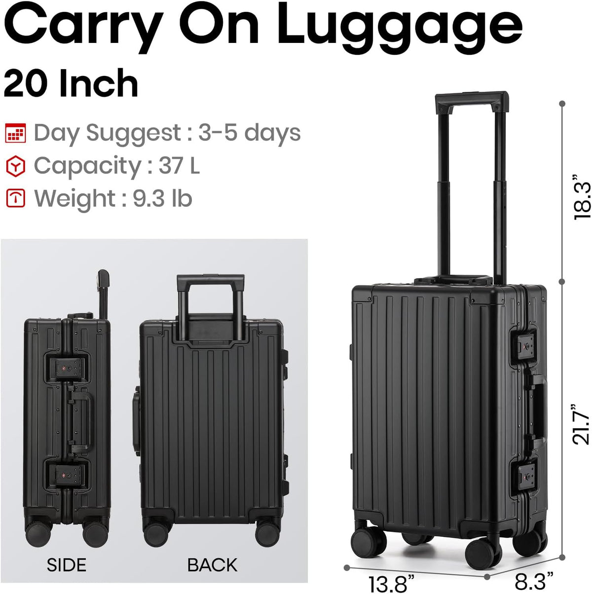 20 Inch Premium All Aluminum Carry On Luggage 22x14x9 Airline Approved Zipperless Hard Shell Suitcase with TSA Lock Silent Spinner Wheels for Business Travel,Black