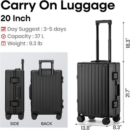 20 Inch Premium All Aluminum Carry On Luggage 22x14x9 Airline Approved Zipperless Hard Shell Suitcase with TSA Lock Silent Spinner Wheels for Business Travel,Black