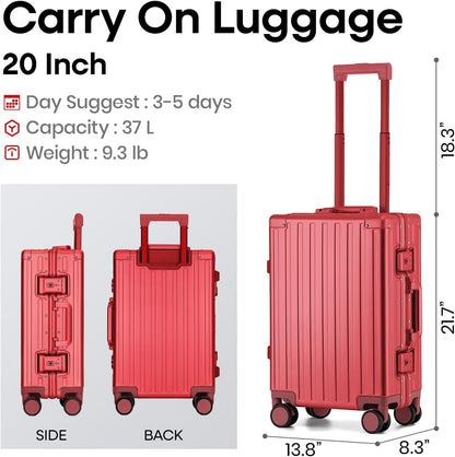 20 Inch Premium All Aluminum Carry On Luggage 22x14x9 Airline Approved Zipperless Hard Shell Suitcase with TSA Lock Silent Spinner Wheels for Business Travel,Black
