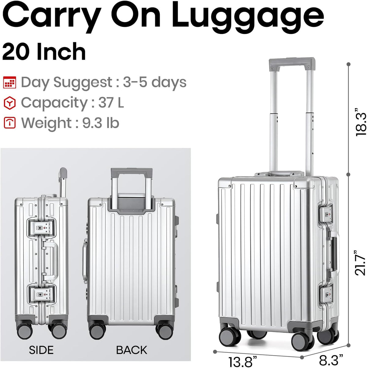 20 Inch Premium All Aluminum Carry On Luggage 22x14x9 Airline Approved Zipperless Hard Shell Suitcase with TSA Lock Silent Spinner Wheels for Business Travel,Black