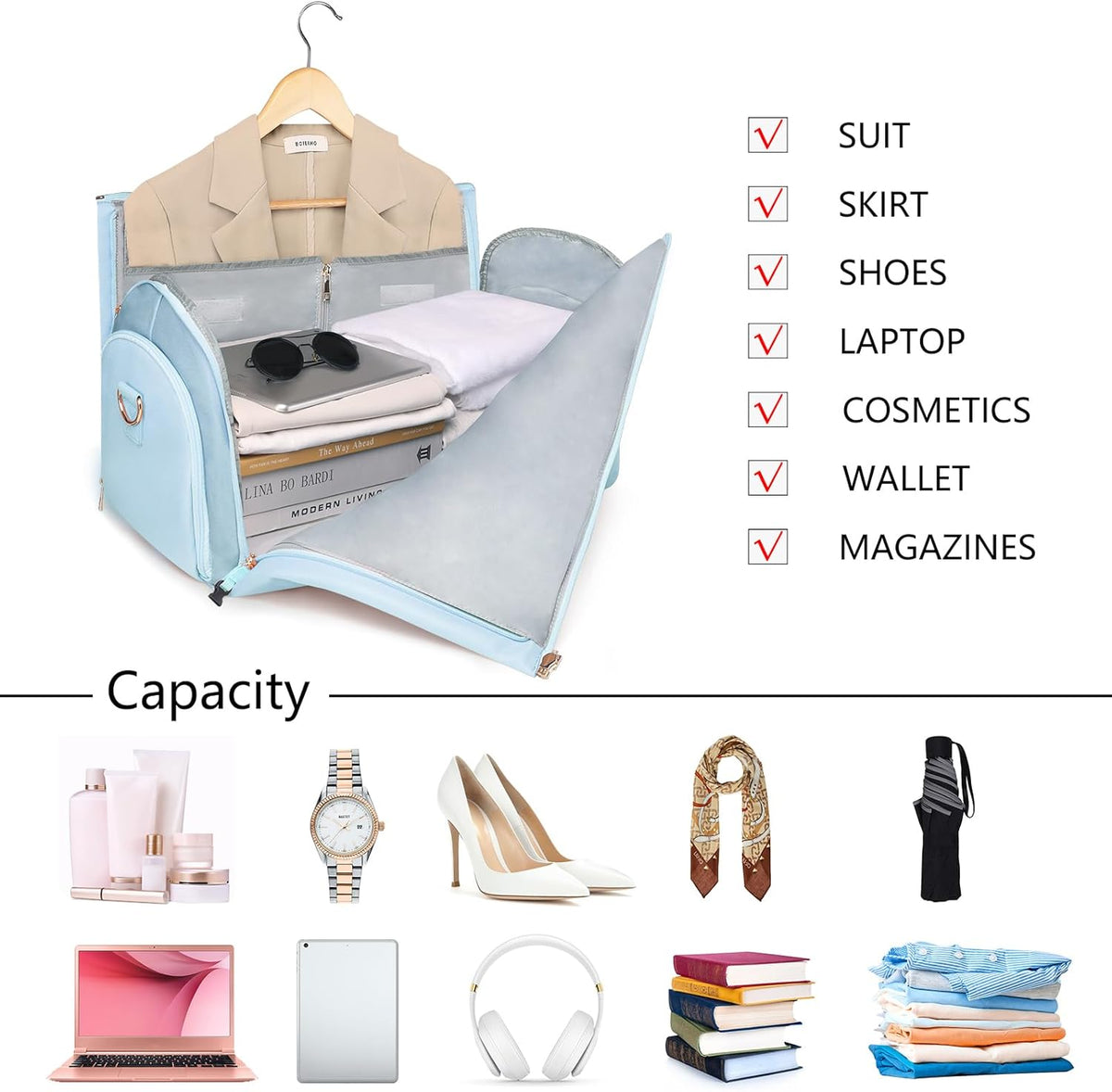 2 in 1 Convertible Garment Duffle Bags for Travel Foldable Carry On Garment Bag