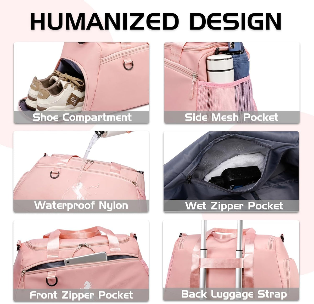 Gym Bag for Women & Men Lightweight Travel Duffle Bag with Shoe & Wet Compartment - for Travel, Sports, Dance, Yoga & Swimming Workout, Gifts for Women, Pink
