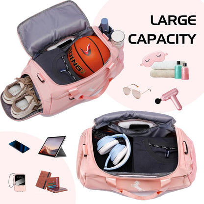 Gym Bag for Women & Men Lightweight Travel Duffle Bag with Shoe & Wet Compartment - for Travel, Sports, Dance, Yoga & Swimming Workout, Gifts for Women, Pink