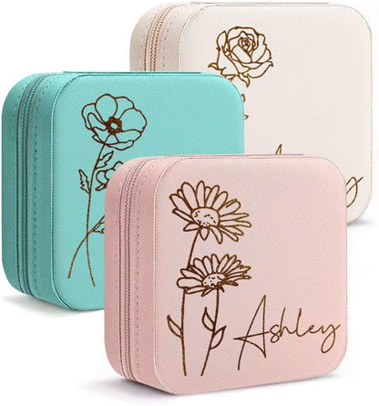 Personalized Travel Jewelry Box with Name and Birth Flower Mothers Day Mom Gifts,Personalized Bridesmaid Gifts for Women Custom Small Travel Jewelry Case