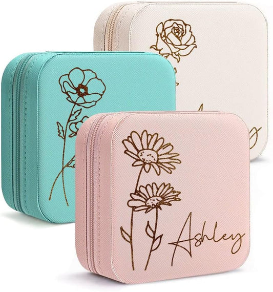Personalized Travel Jewelry Box with Name and Birth Flower Mothers Day Mom Gifts,Personalized Bridesmaid Gifts for Women Custom Small Travel Jewelry Case
