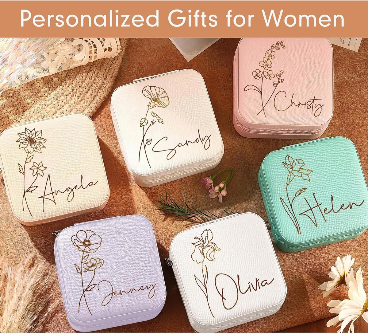 Personalized Travel Jewelry Box with Name and Birth Flower Mothers Day Mom Gifts,Personalized Bridesmaid Gifts for Women Custom Small Travel Jewelry Case