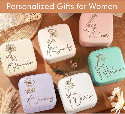 Personalized Travel Jewelry Box with Name and Birth Flower Mothers Day Mom Gifts,Personalized Bridesmaid Gifts for Women Custom Small Travel Jewelry Case