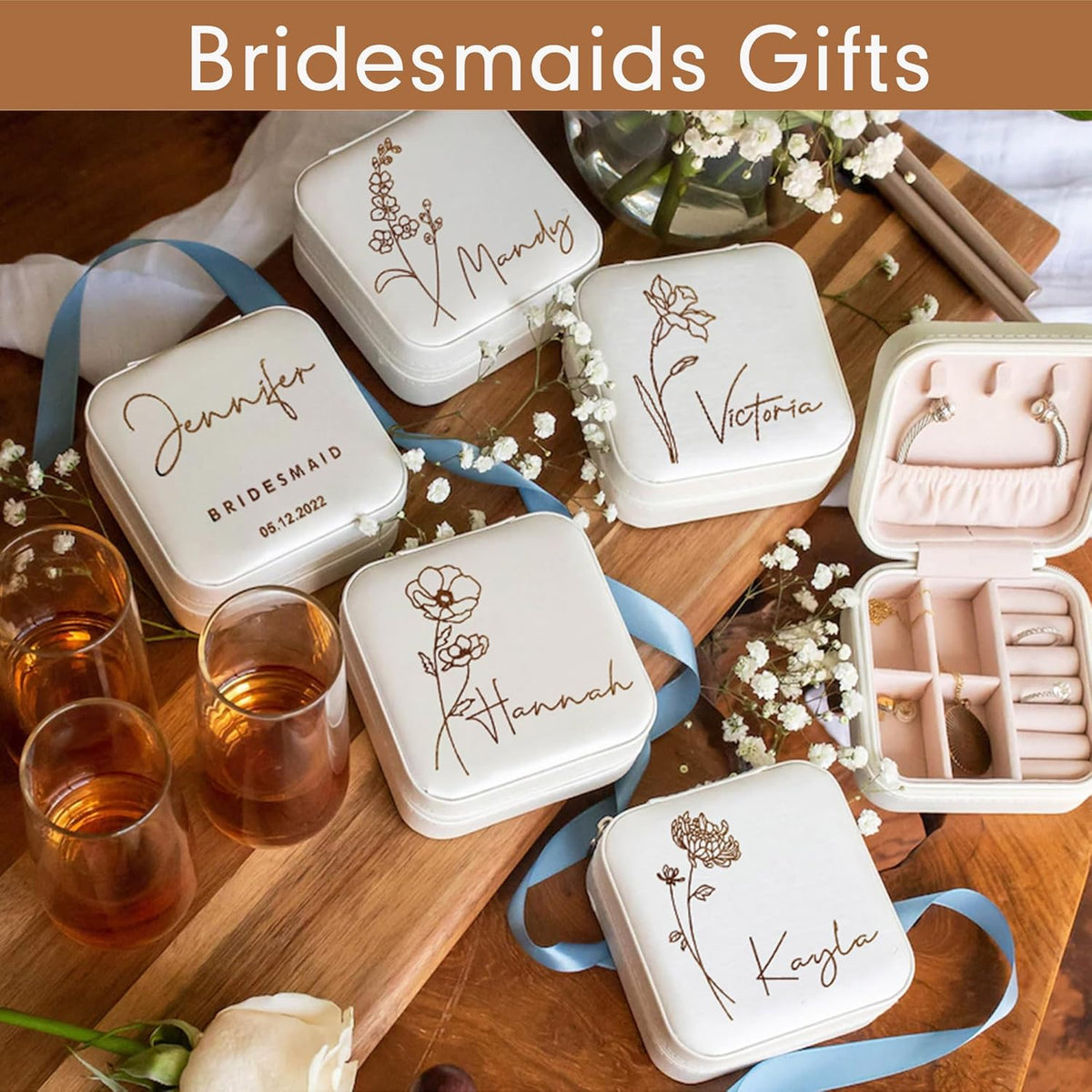 Personalized Travel Jewelry Box with Name and Birth Flower Mothers Day Mom Gifts,Personalized Bridesmaid Gifts for Women Custom Small Travel Jewelry Case