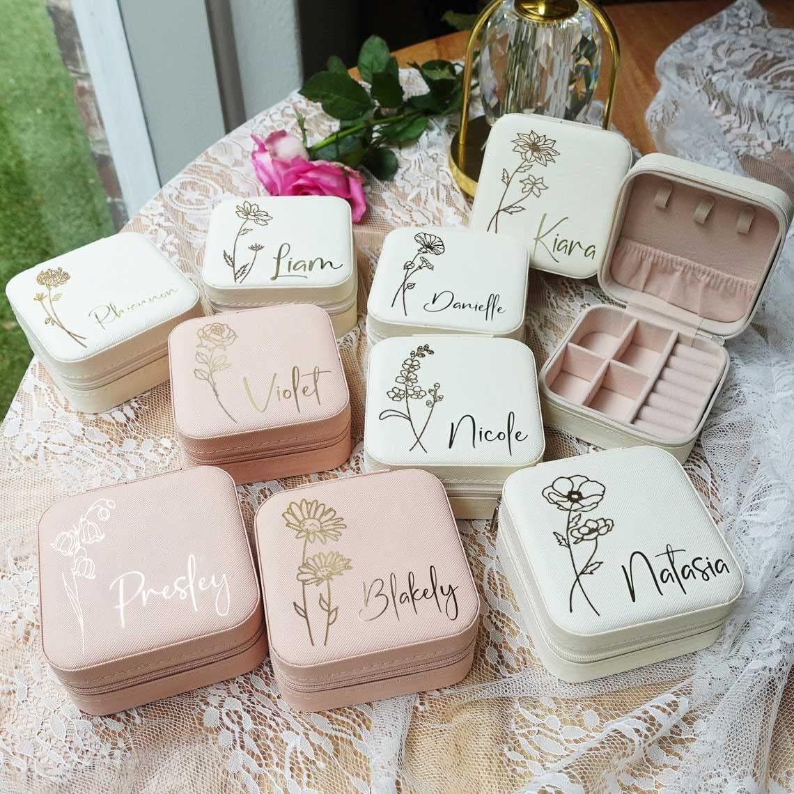 Personalized Travel Jewelry Box with Name and Birth Flower Mothers Day Mom Gifts,Personalized Bridesmaid Gifts for Women Custom Small Travel Jewelry Case