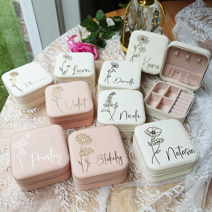 Personalized Travel Jewelry Box with Name and Birth Flower Mothers Day Mom Gifts,Personalized Bridesmaid Gifts for Women Custom Small Travel Jewelry Case