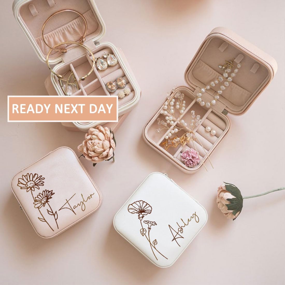 Personalized Travel Jewelry Box with Name and Birth Flower Mothers Day Mom Gifts,Personalized Bridesmaid Gifts for Women Custom Small Travel Jewelry Case
