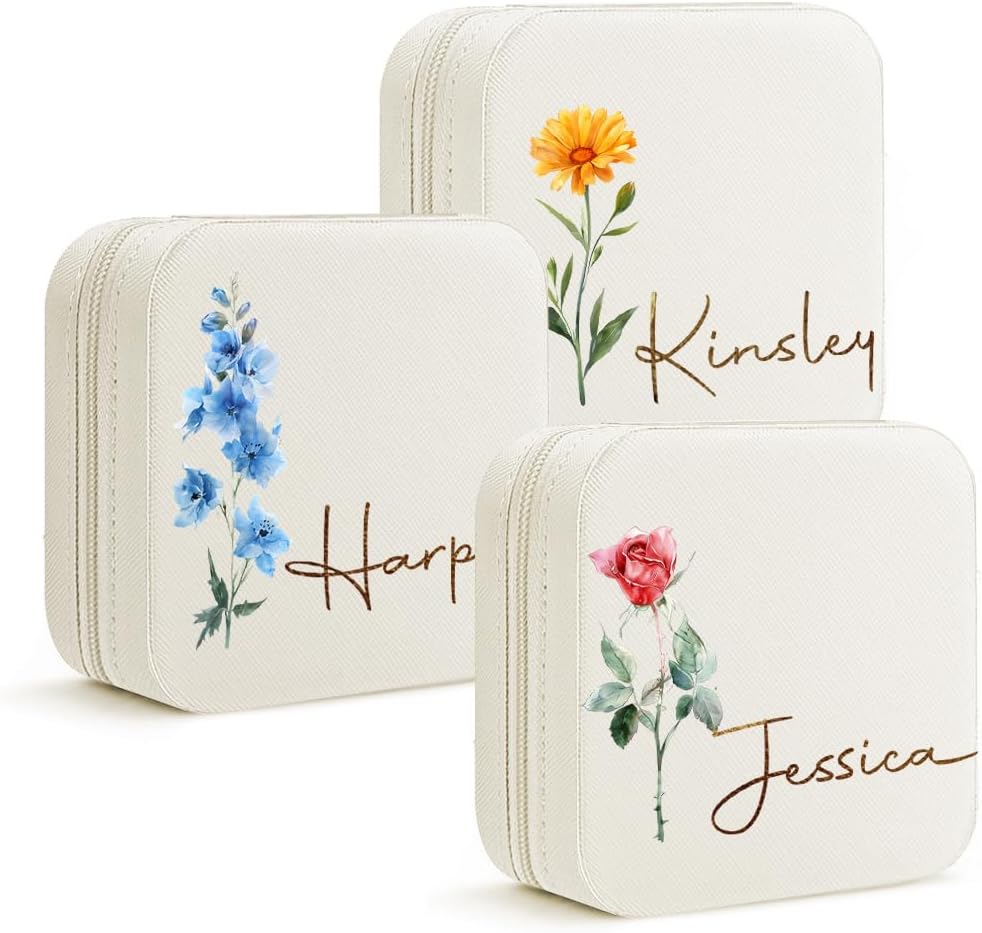 Personalized Travel Jewelry Box with Name and Birth Flower Mothers Day Mom Gifts,Personalized Bridesmaid Gifts for Women Custom Small Travel Jewelry Case