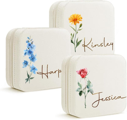 Personalized Travel Jewelry Box with Name and Birth Flower Mothers Day Mom Gifts,Personalized Bridesmaid Gifts for Women Custom Small Travel Jewelry Case