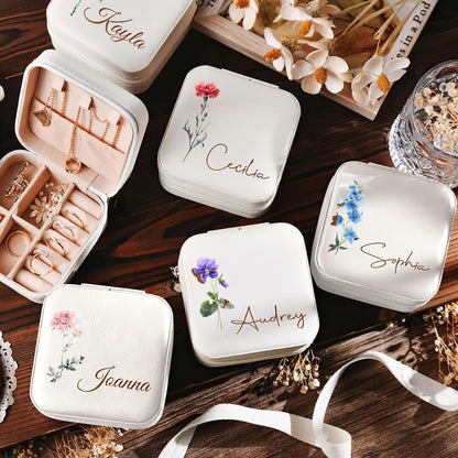 Personalized Travel Jewelry Box with Name and Birth Flower Mothers Day Mom Gifts,Personalized Bridesmaid Gifts for Women Custom Small Travel Jewelry Case