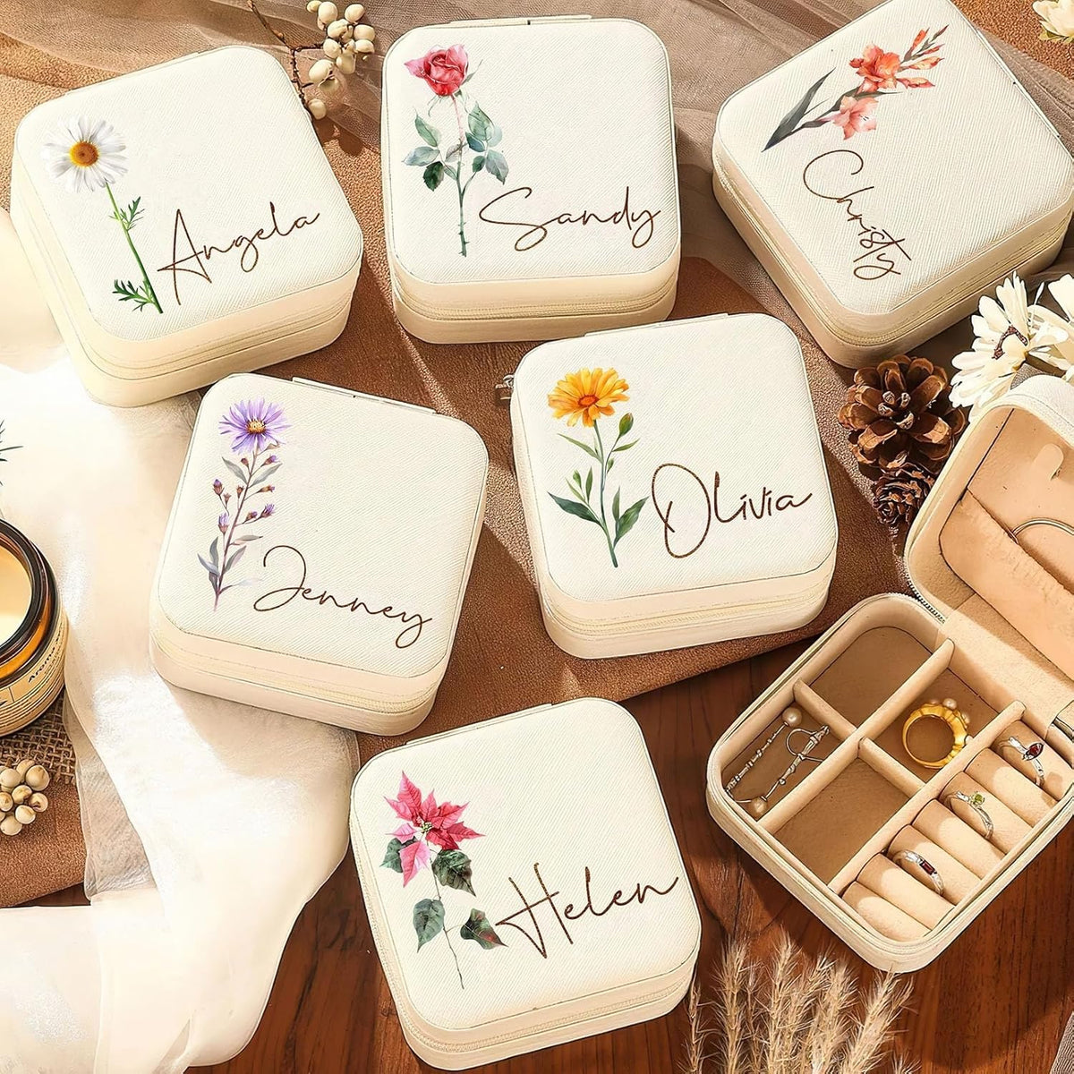 Personalized Travel Jewelry Box with Name and Birth Flower Mothers Day Mom Gifts,Personalized Bridesmaid Gifts for Women Custom Small Travel Jewelry Case