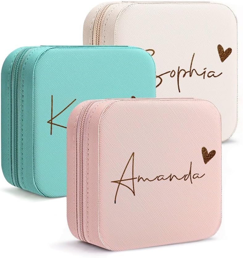 Personalized Travel Jewelry Box with Name and Birth Flower Mothers Day Mom Gifts,Personalized Bridesmaid Gifts for Women Custom Small Travel Jewelry Case