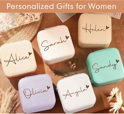 Personalized Travel Jewelry Box with Name and Birth Flower Mothers Day Mom Gifts,Personalized Bridesmaid Gifts for Women Custom Small Travel Jewelry Case