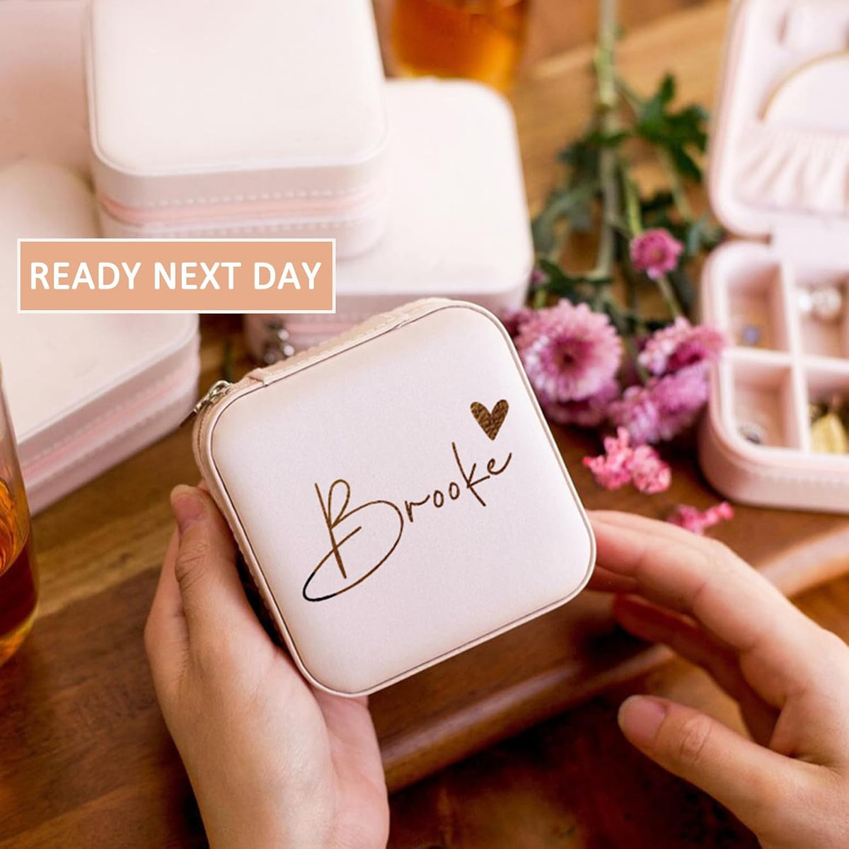 Personalized Travel Jewelry Box with Name and Birth Flower Mothers Day Mom Gifts,Personalized Bridesmaid Gifts for Women Custom Small Travel Jewelry Case