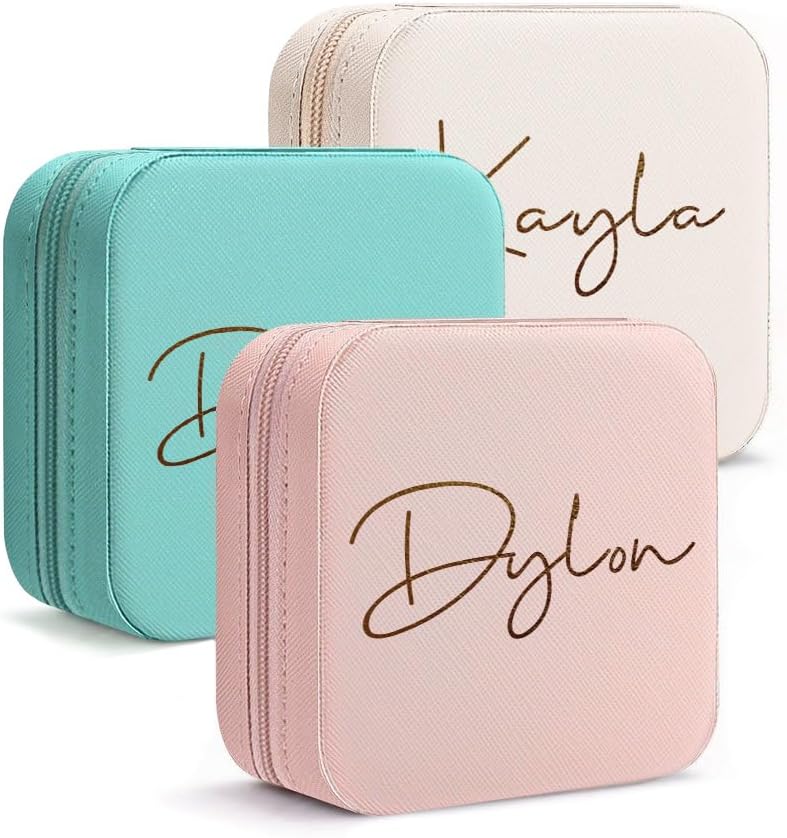 Personalized Travel Jewelry Box with Name and Birth Flower Mothers Day Mom Gifts,Personalized Bridesmaid Gifts for Women Custom Small Travel Jewelry Case