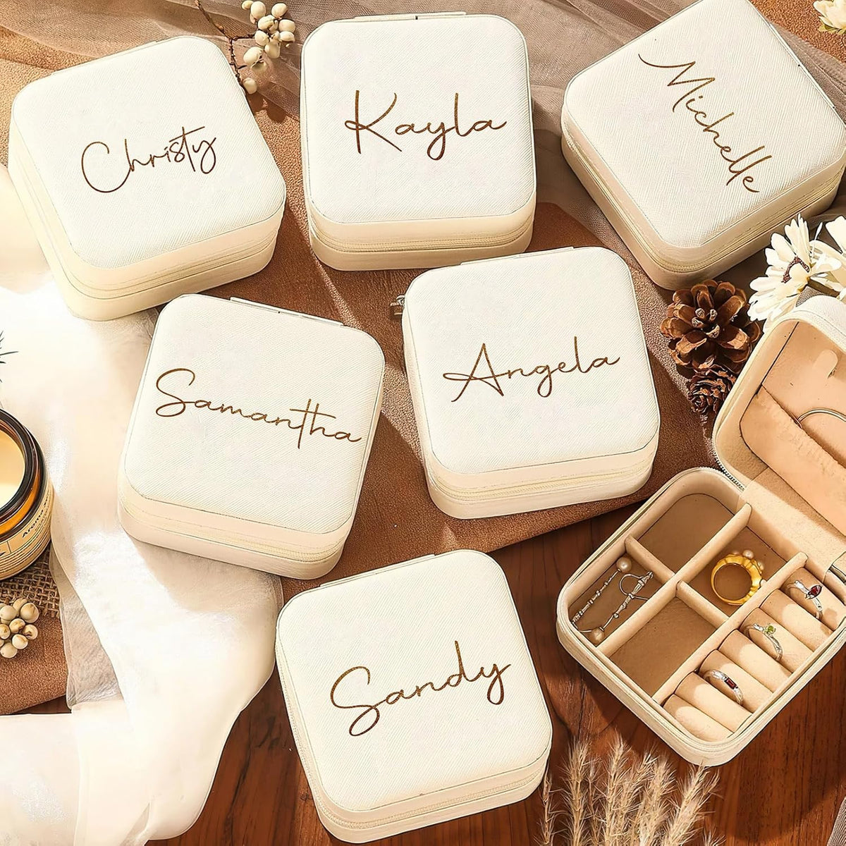 Personalized Travel Jewelry Box with Name and Birth Flower Mothers Day Mom Gifts,Personalized Bridesmaid Gifts for Women Custom Small Travel Jewelry Case